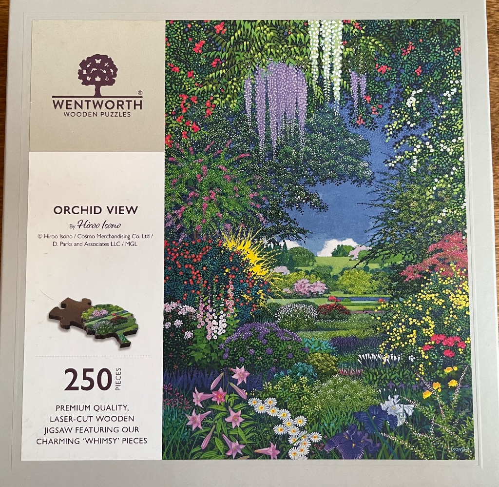 A lush, colorful garden landscape painting featuring wisteria hanging over a blooming floral meadow under a clear blue sky.