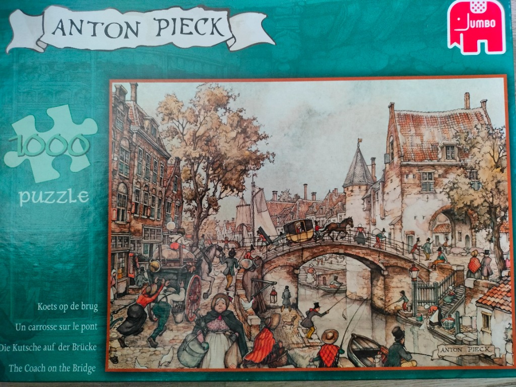 A detailed vintage-style illustration of a bustling European town canal scene with a horse-drawn carriage on a stone bridge.