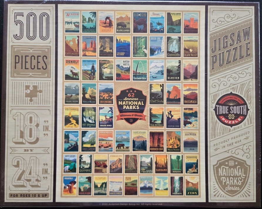 A collection of 62 vintage-style travel posters depicting various American National Parks in a grid format.