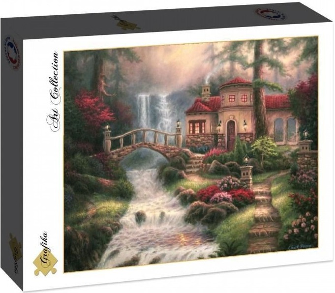 A scenic illustration of a stone cottage by a waterfall and stone bridge in a lush forest garden.