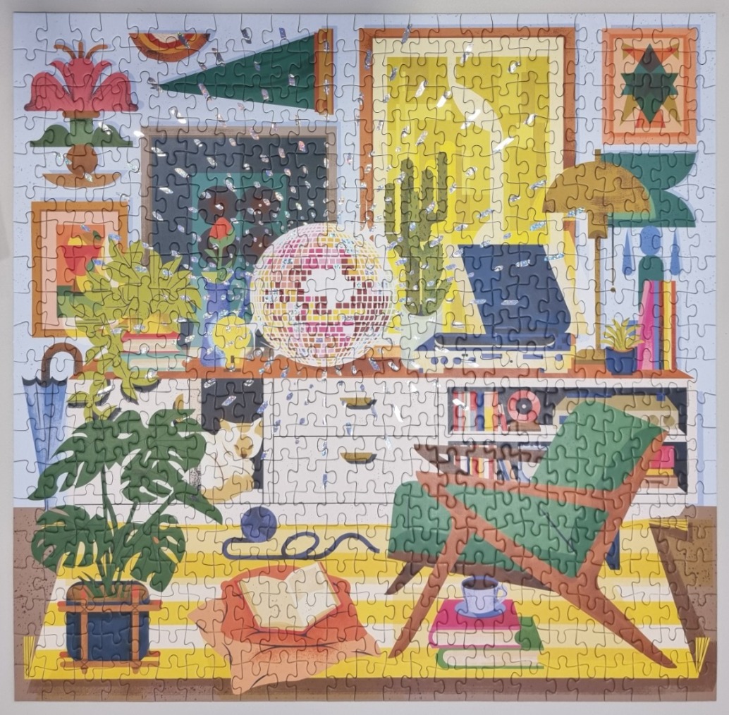 A cozy, stylized living room interior featuring a disco ball, a green armchair, and various potted plants.