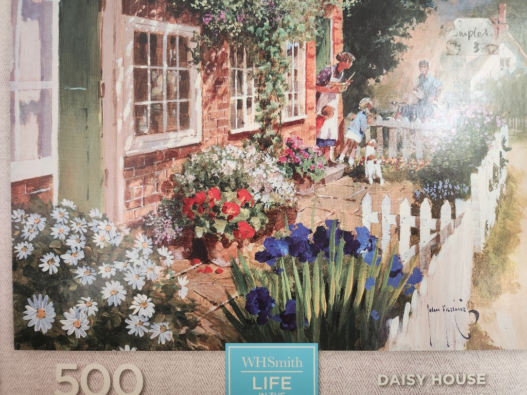 Painting of a family in front of a cottage with a white picket fence and flower garden.