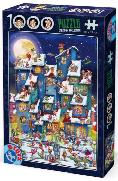 Cartoon illustration of a chaotic, snow-covered building with dozens of Santa Clauses and elves at night.