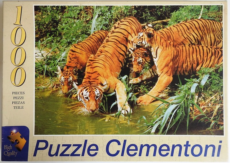 Three tigers at a watering hole in a lush, green jungle setting.