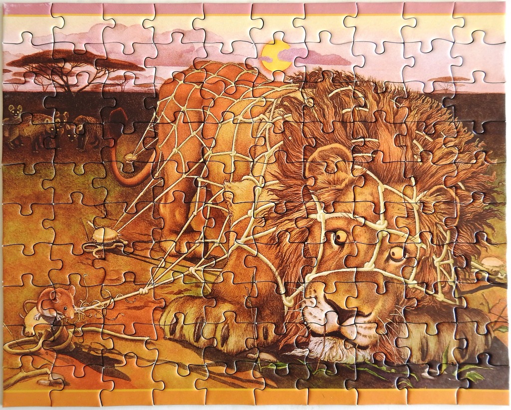Illustration of a lion trapped in a net with a small mouse gnawing at the ropes in an African savanna landscape.