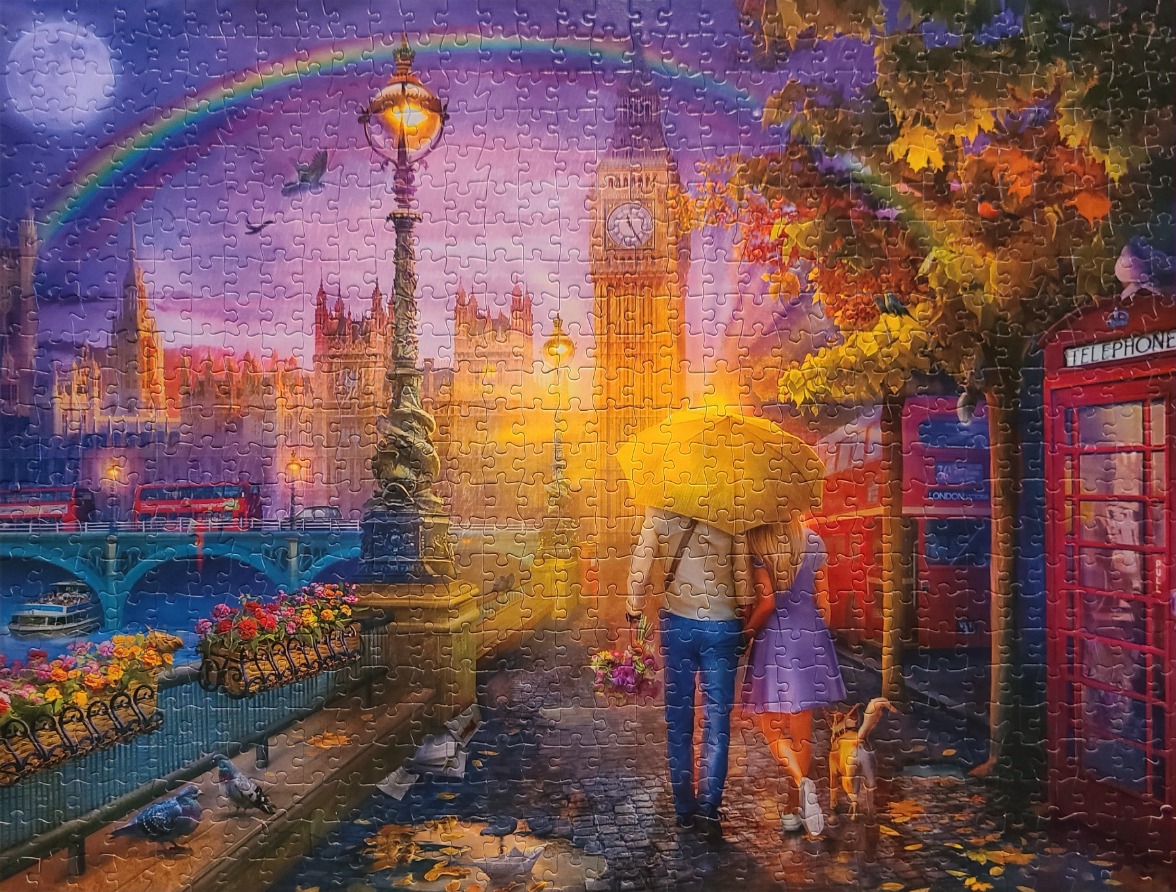 A couple walking through a rain-slicked London street at dusk with Big Ben, a rainbow, and a red telephone booth.