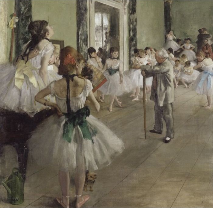 Oil painting of a ballet classroom with young dancers and an elderly male instructor holding a cane.