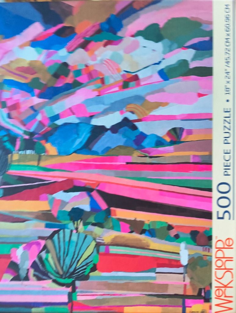 Abstract expressionist landscape painting featuring vibrant, horizontal bands of hot pink, blue, green, and ochre.