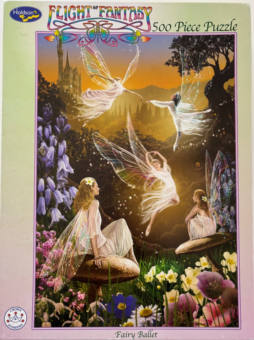 Fantasy art of four fairies with iridescent wings dancing and resting in a lush meadow at sunset.