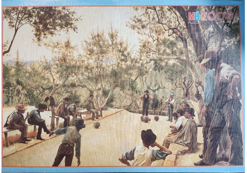A group of men in 19th-century attire playing a game of bocce in a shaded outdoor setting.