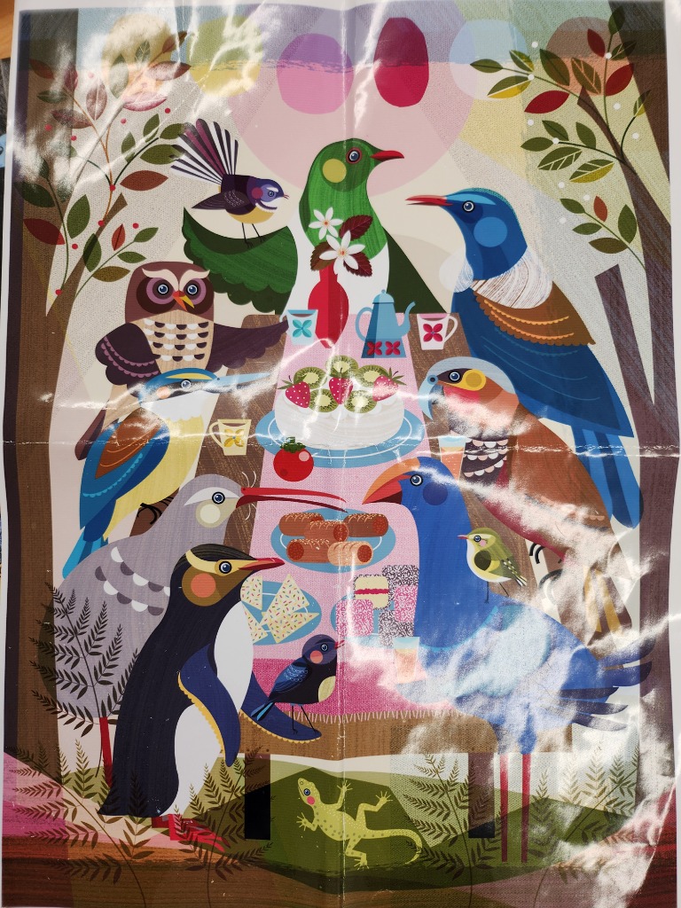 Whimsical illustration of diverse birds having a picnic in a forest setting