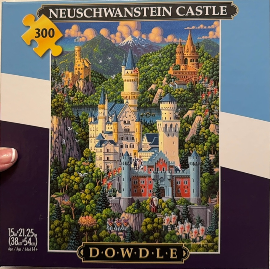 A whimsical folk-art illustration of Neuschwanstein Castle nestled in a lush, mountainous landscape.