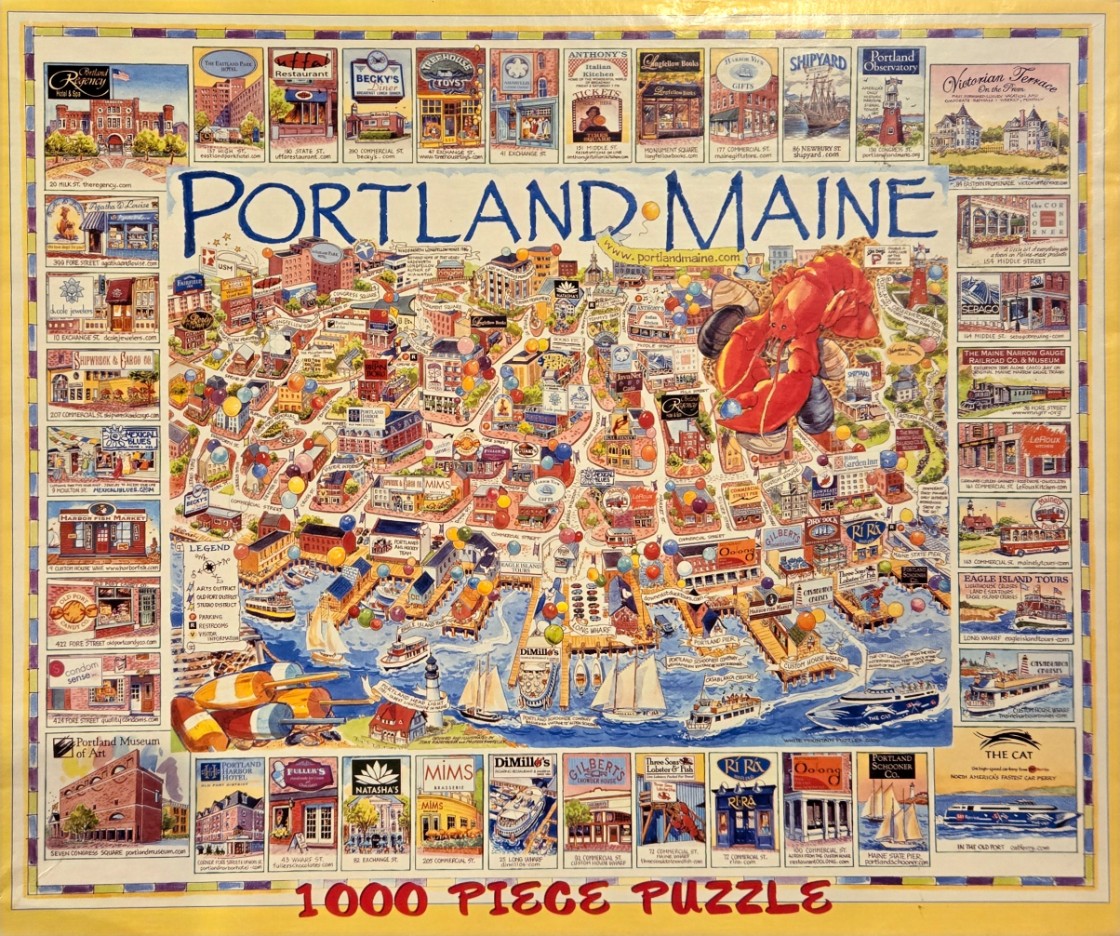 Illustrated pictorial map of Portland, Maine, surrounded by a border of individual landmark illustrations.