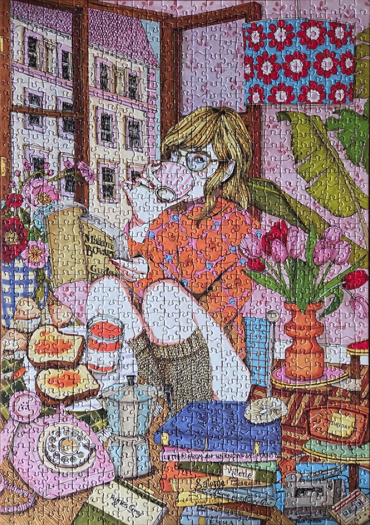 A detailed illustration of a woman relaxing indoors with books, tea, and flowers, by a window overlooking a city street.