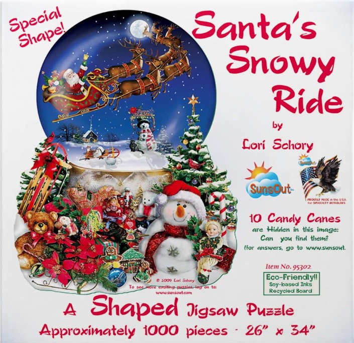A whimsical Christmas snow globe illustration featuring Santa in his sleigh, a snowman, and a festive toy pile.