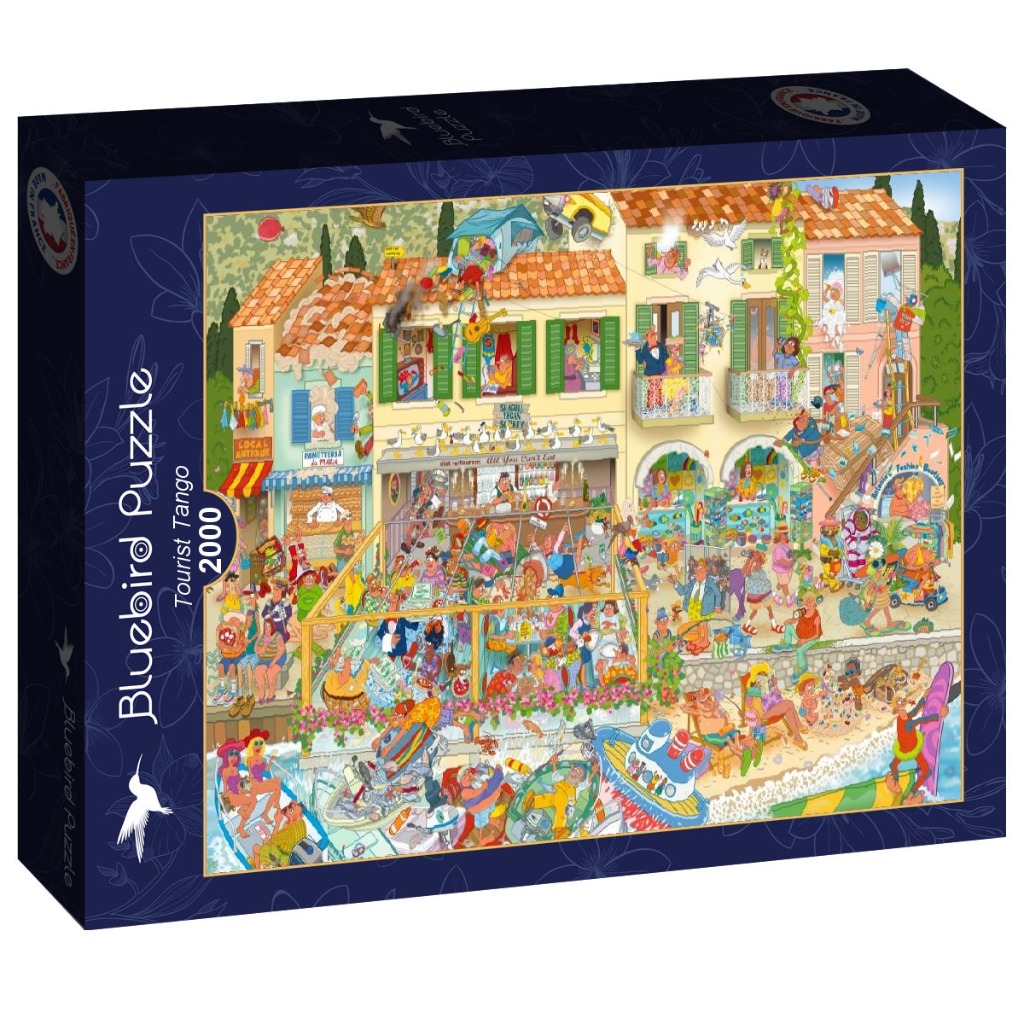 A busy cartoon scene of a crowded Mediterranean seaside town with tourists, shops, and a beach.
