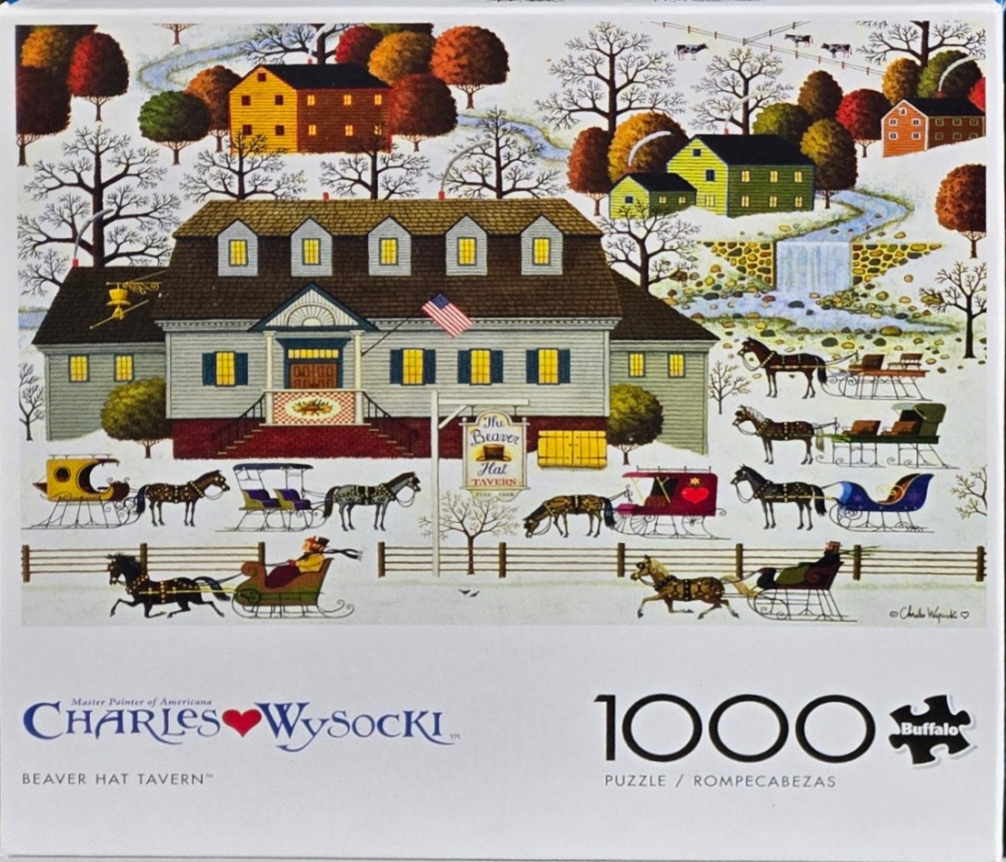 Folk art illustration of a colonial tavern in winter with horse-drawn sleighs in the foreground.