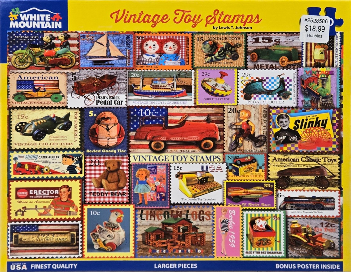A collage of vintage postage stamp designs featuring classic American toys.