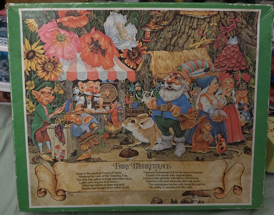 Whimsical fairy marketplace with gnomes, flowers, and a rabbit. Vibrant colors, detailed fantasy scene.