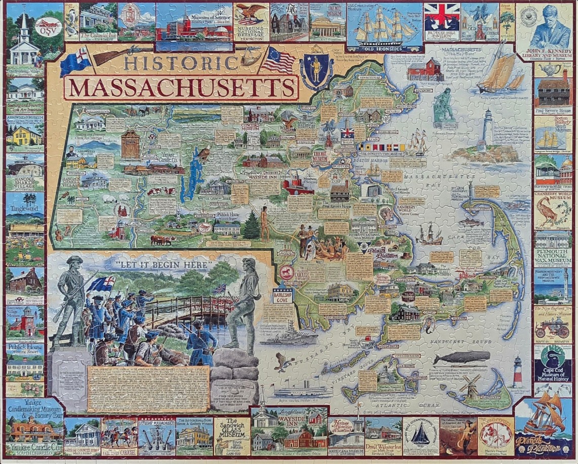 Illustrated historical map of Massachusetts featuring landmarks, colonial figures, and regional trivia.