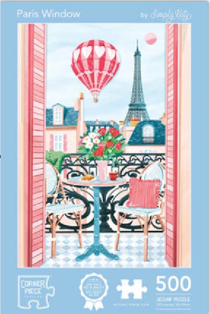 An illustration of a Parisian balcony overlooking the Eiffel Tower with a hot air balloon in the sky.