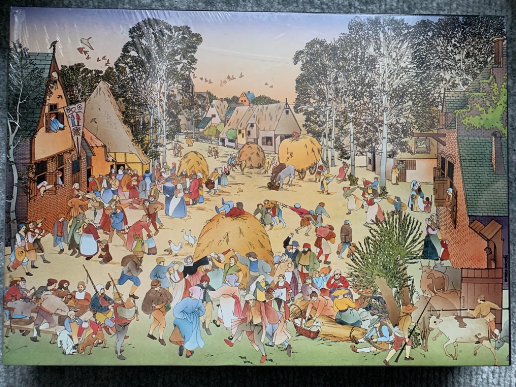 A detailed illustration of a lively medieval village festival with many people dancing and farm animals.