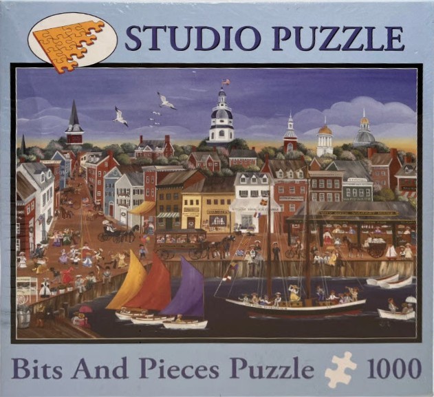 Folk art illustration of a bustling 19th-century coastal town with sailboats and people on a wharf.
