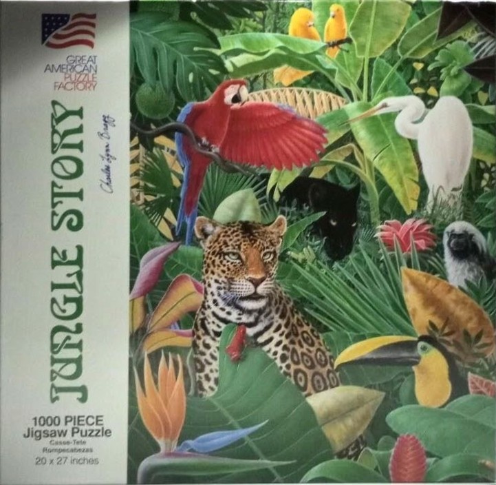 A lush jungle scene featuring a jaguar, macaw, white heron, and other tropical animals amidst dense foliage.