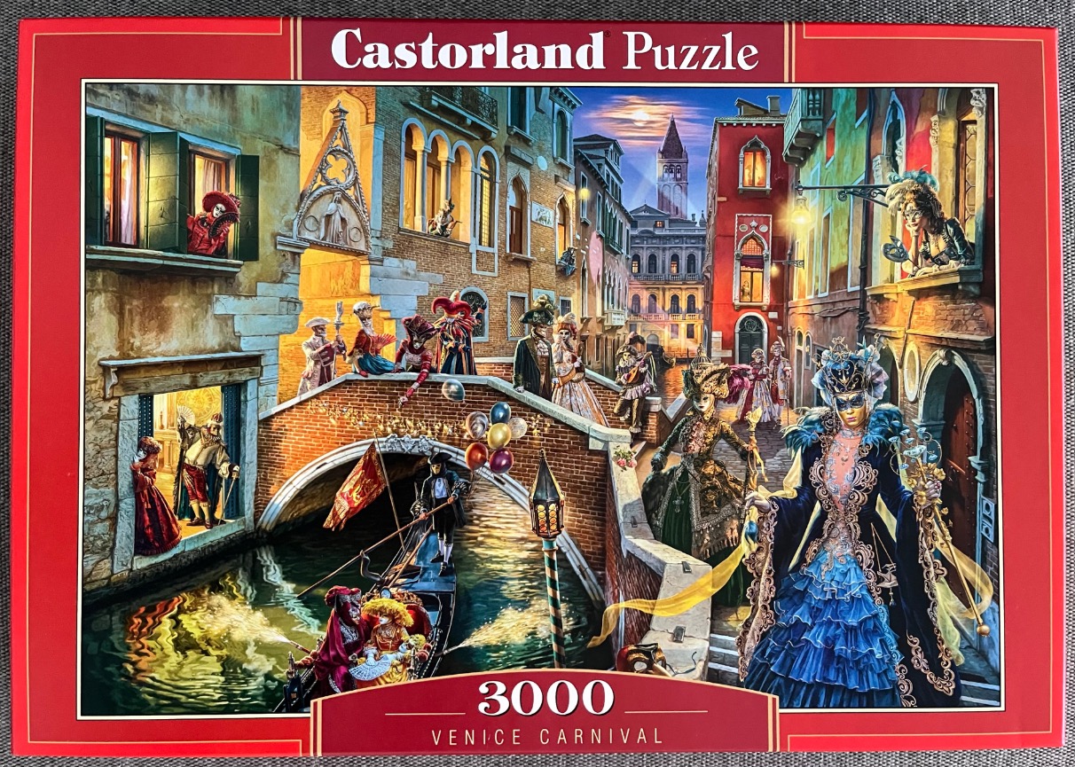 An atmospheric painting of the Venice Carnival with masked figures in elaborate costumes along a canal.
