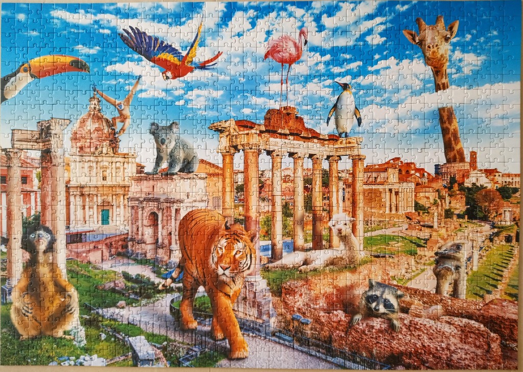 A whimsical collage of exotic animals inhabiting the ancient Roman Forum under a blue sky.
