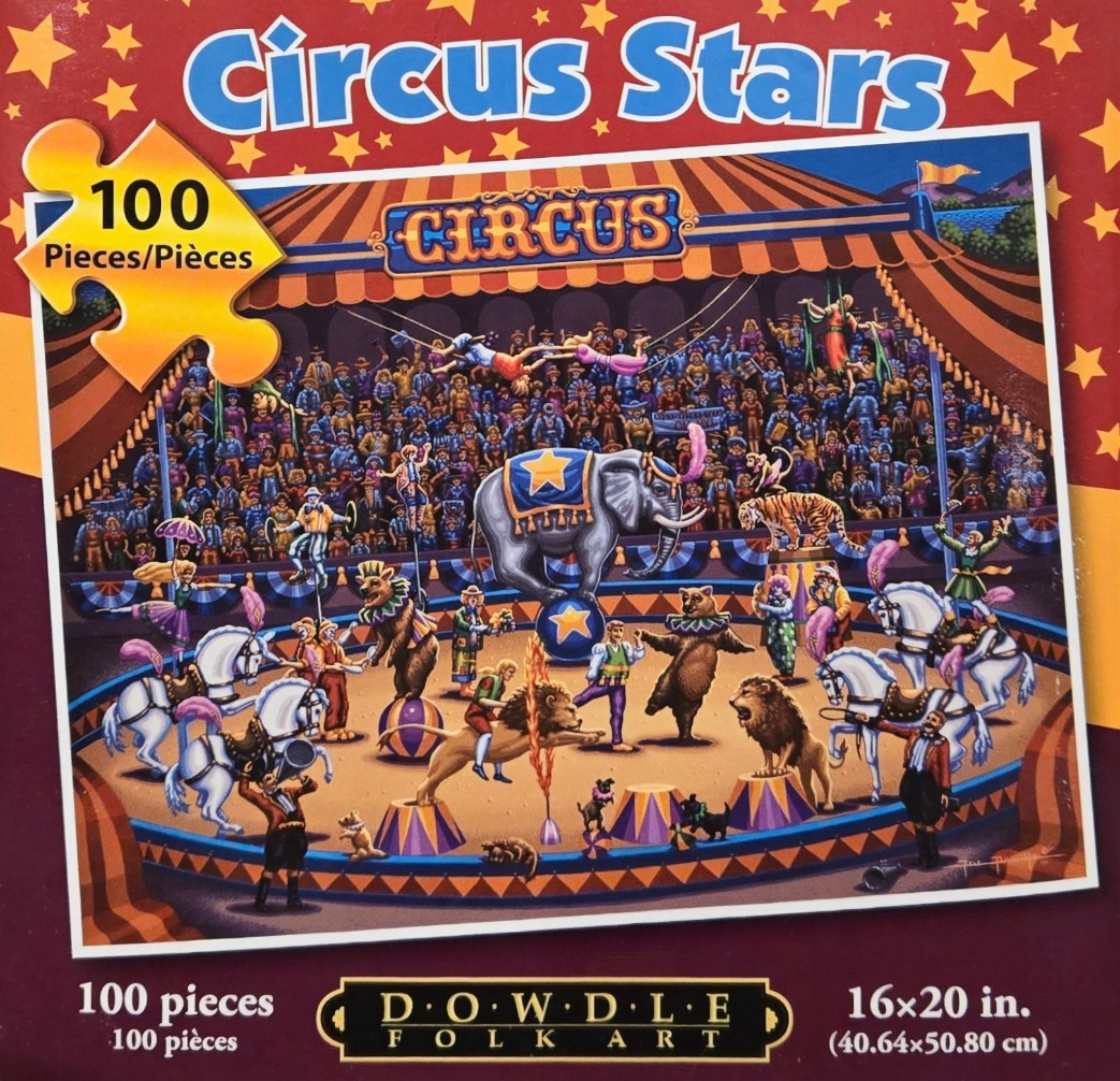 A detailed folk art illustration of a bustling circus ring with performers, animals, and a large cheering audience.