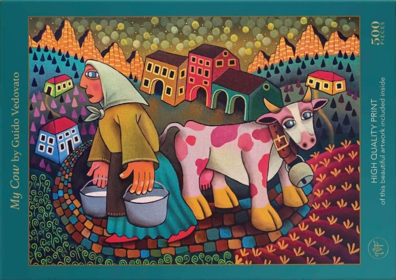 A whimsical folk art painting of a woman carrying milk buckets alongside a pink-spotted cow in a stylized village.