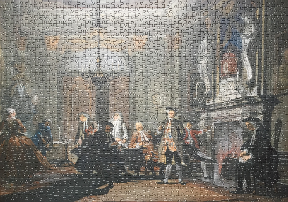 An 18th-century style interior scene featuring a group of elegantly dressed historical figures in a candlelit room.