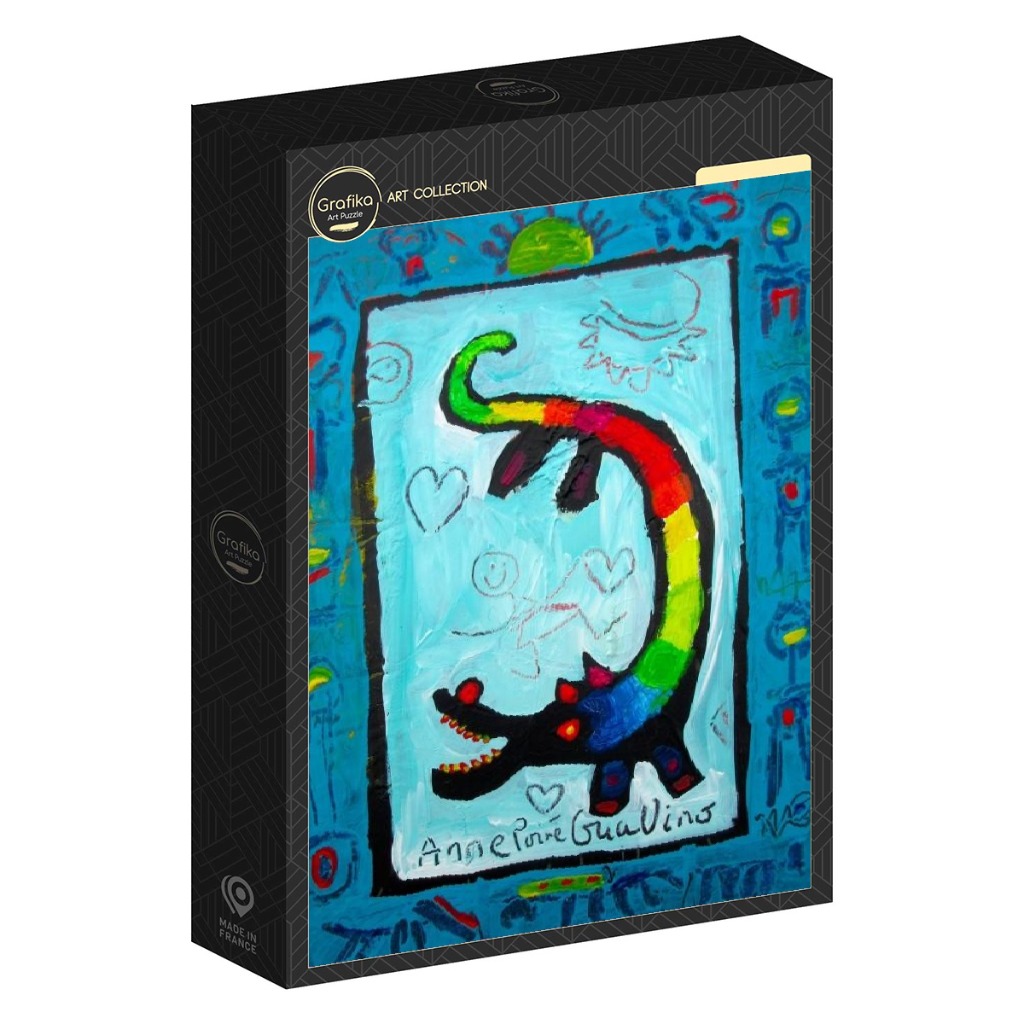 A whimsical painting of a multi-colored crocodile with a long tail on a bright blue background.