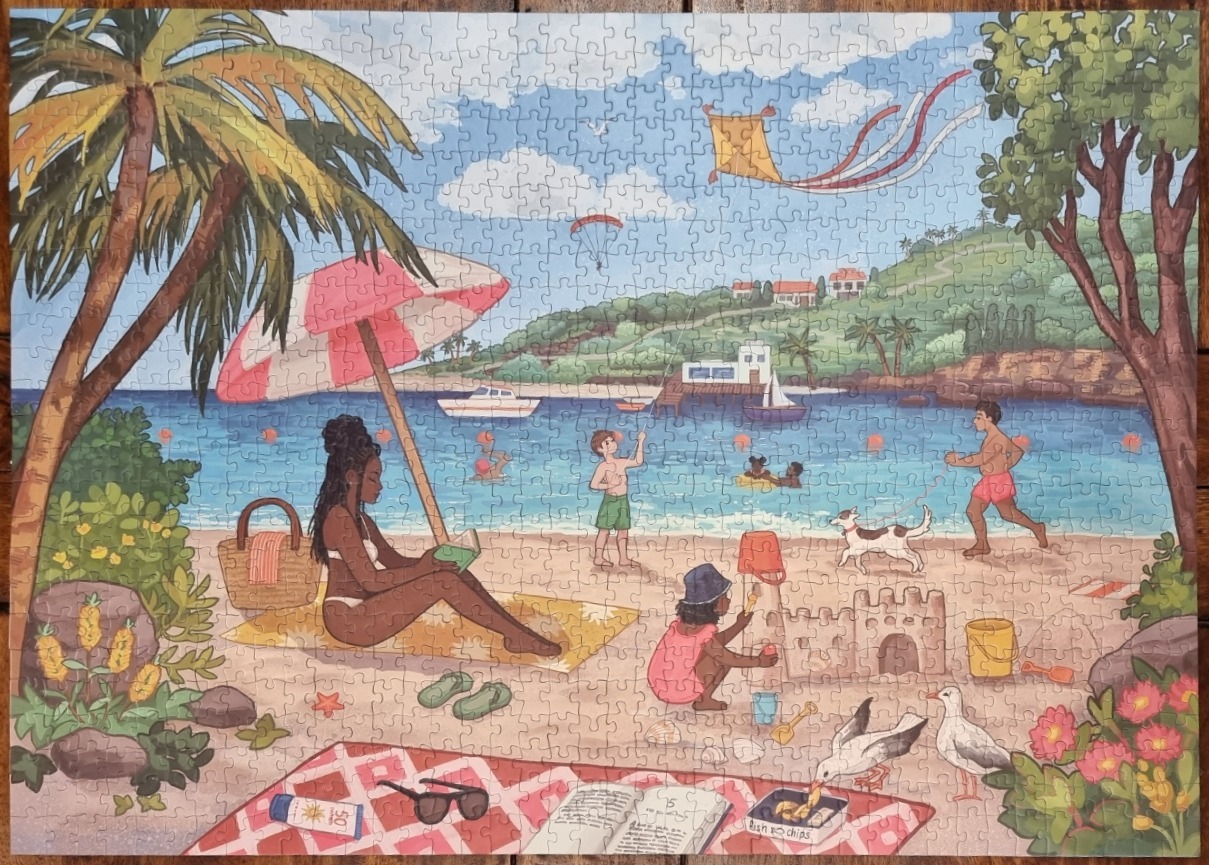 A sunny beach scene with a woman reading, a child building a sandcastle, and people enjoying the water.