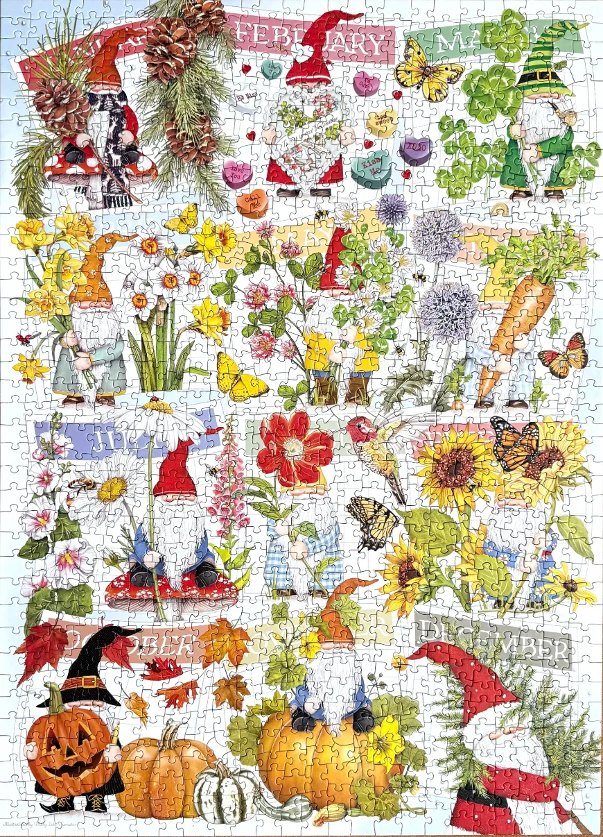A whimsical illustration of seasonal gnomes representing the twelve months of the year.