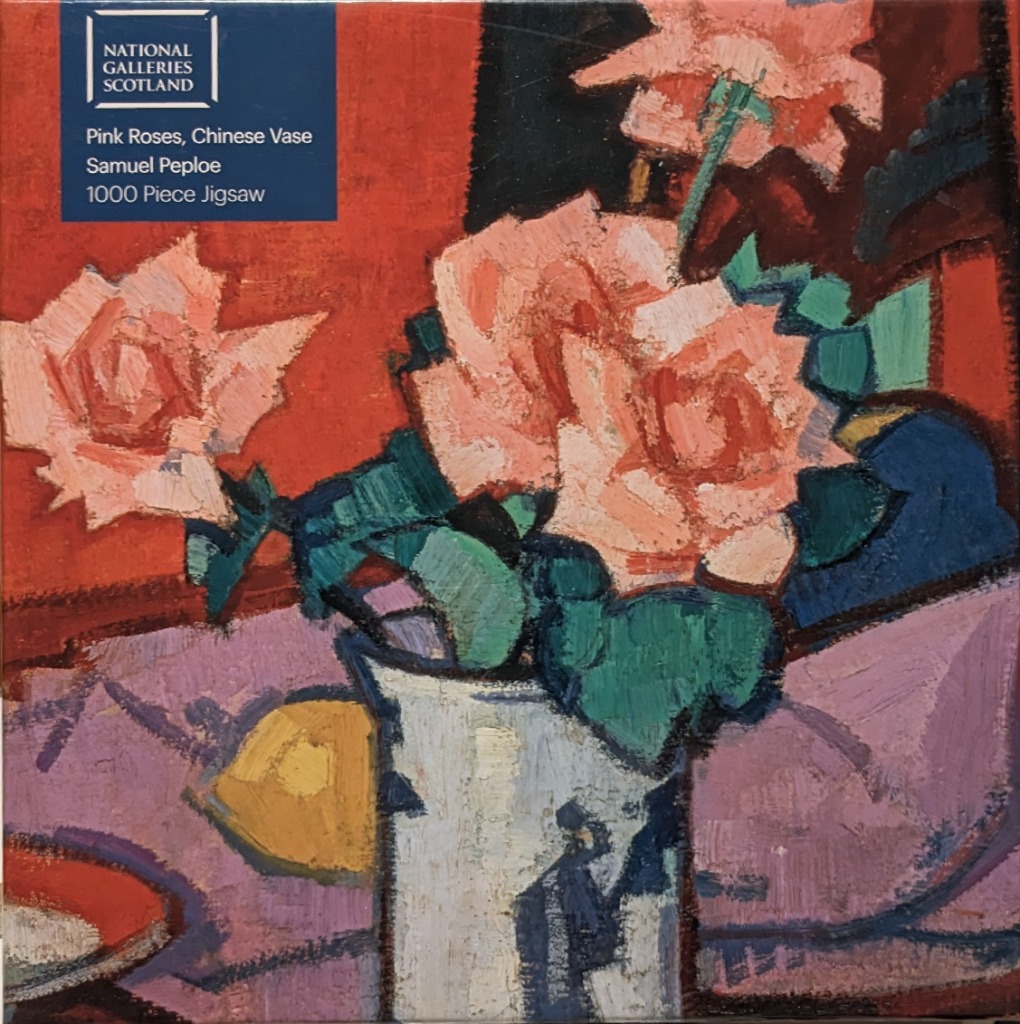A still life oil painting of pink roses in a patterned vase by Samuel Peploe, featuring bold colours and thick brushwork.