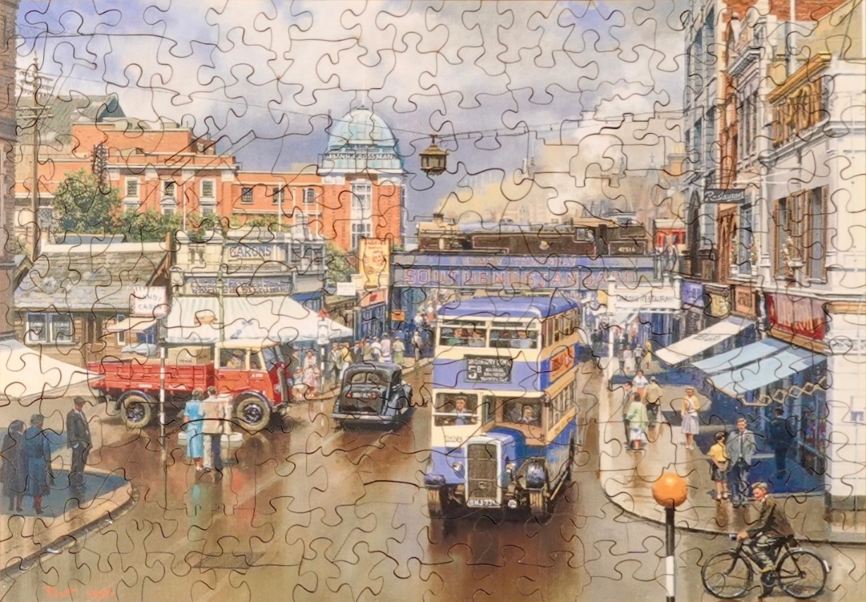 A nostalgic painting of a bustling 1950s British street scene featuring a blue double-decker bus.