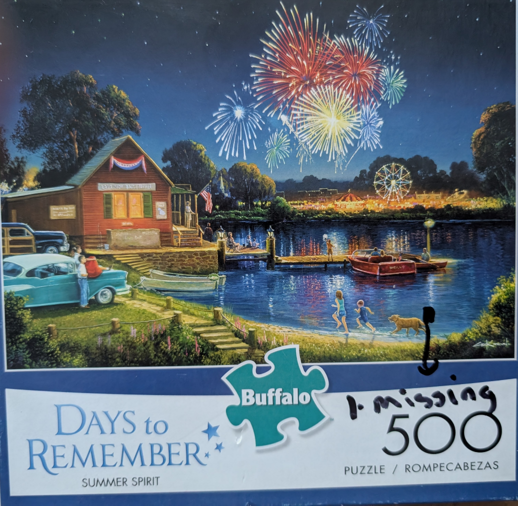 A summer lakeside scene at night with fireworks, a red bait shop, a pier, and people enjoying the water.