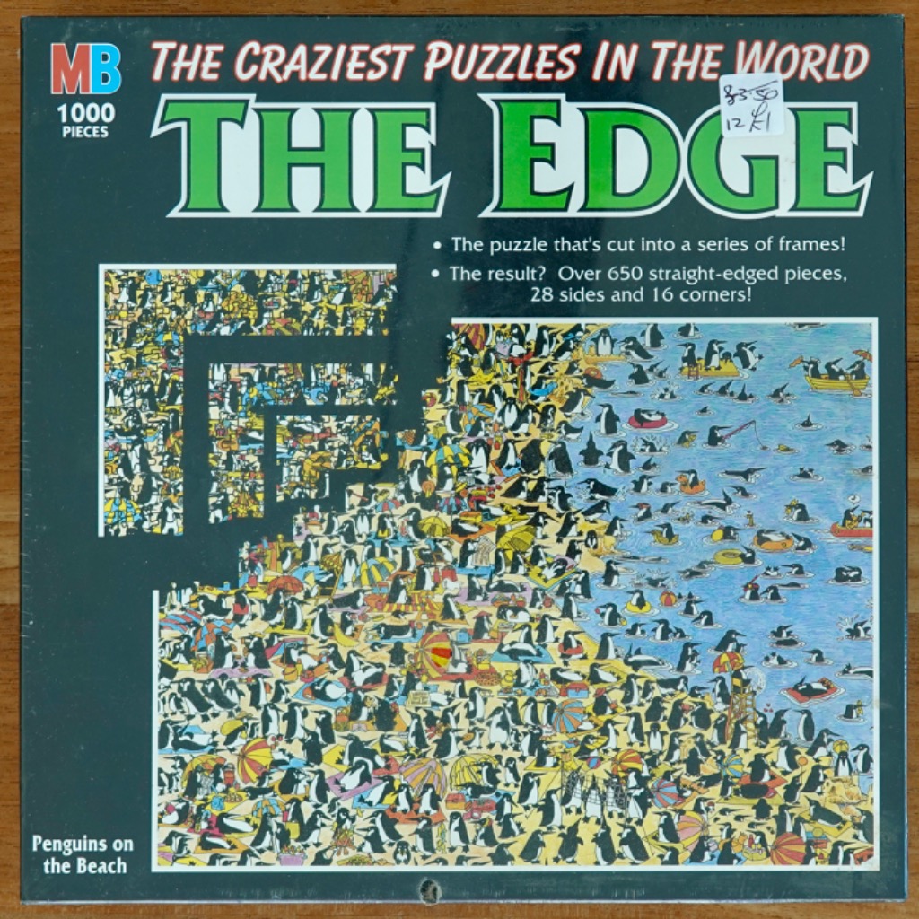 A dense cartoon illustration of hundreds of penguins enjoying a crowded beach and ocean scene.
