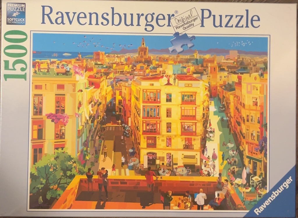 An illustration of a sun-drenched European city street viewed from a terrace.