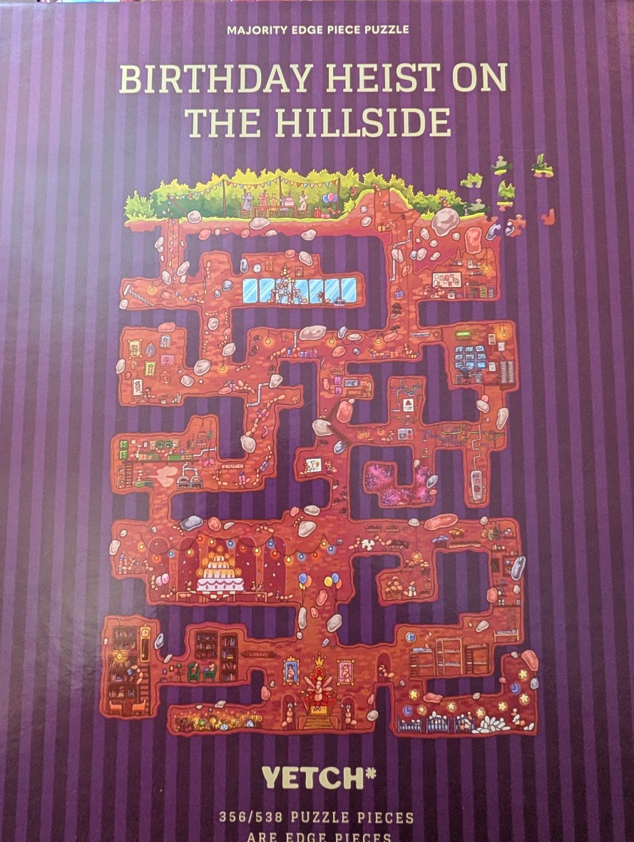 Illustration of an underground lair maze with various rooms and a birthday party scene on the surface above.