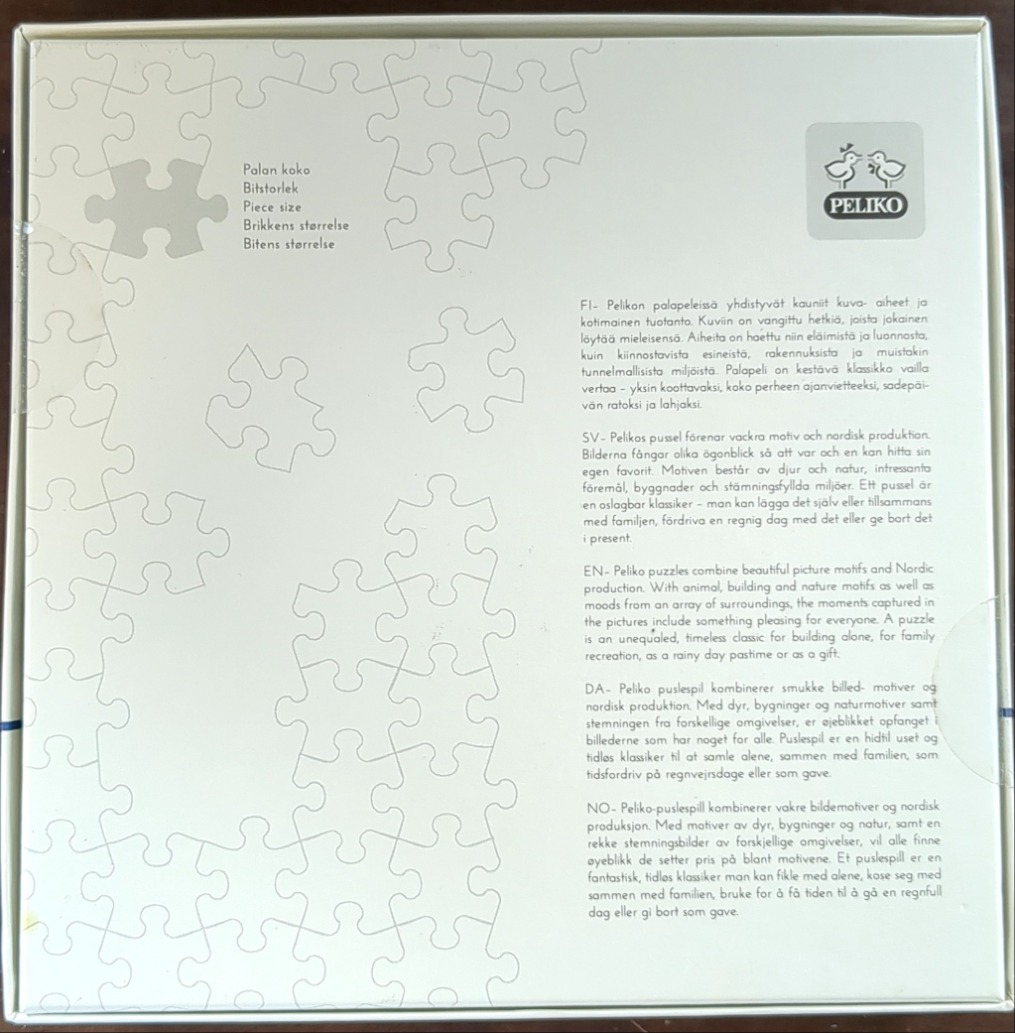 **White box with faint outlines of interconnected puzzle pieces. Text in multiple languages with logo of two stylized birds.**
