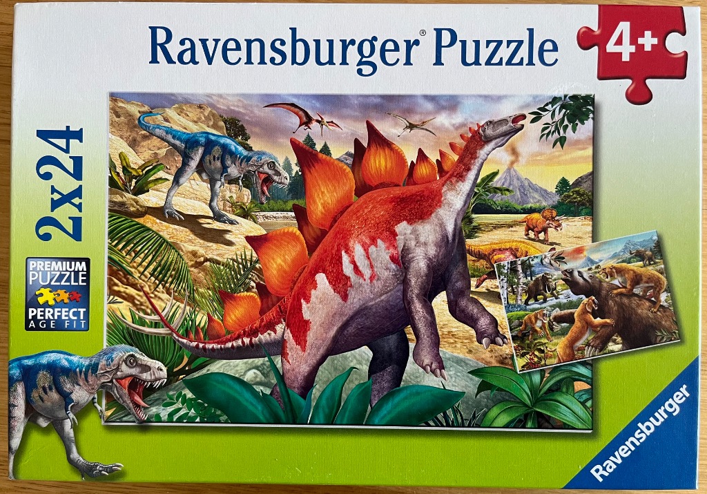 Prehistoric scene featuring a large Stegosaurus, a blue theropod, and various other prehistoric animals.