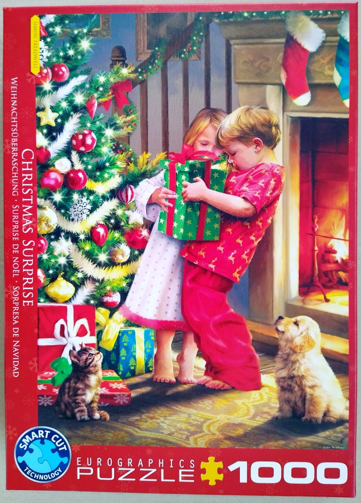 Two children in pajamas opening a Christmas gift by a tree and fireplace with a kitten and puppy.