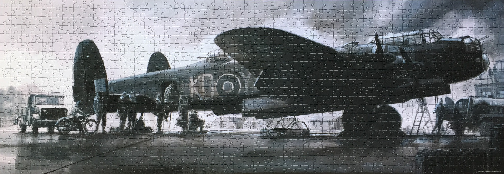 A World War II Lancaster bomber on a rain-slicked airfield with crew members nearby.
