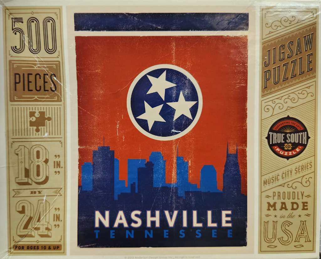A vintage-style travel poster illustration of the Nashville skyline featuring the Tennessee state flag symbol.