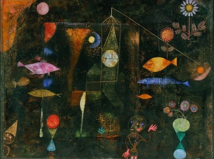 Abstract surrealist painting featuring fish, flowers, and geometric structures on a dark textured background.