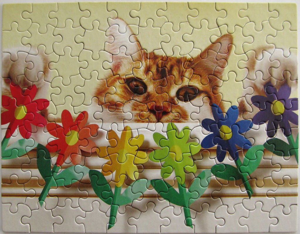 A ginger cat peering over a window sill behind a row of colorful stylized flowers.
