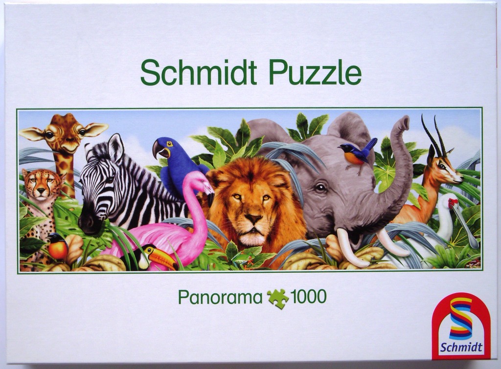 A panoramic illustration of diverse wild animals grouped together in a jungle setting.